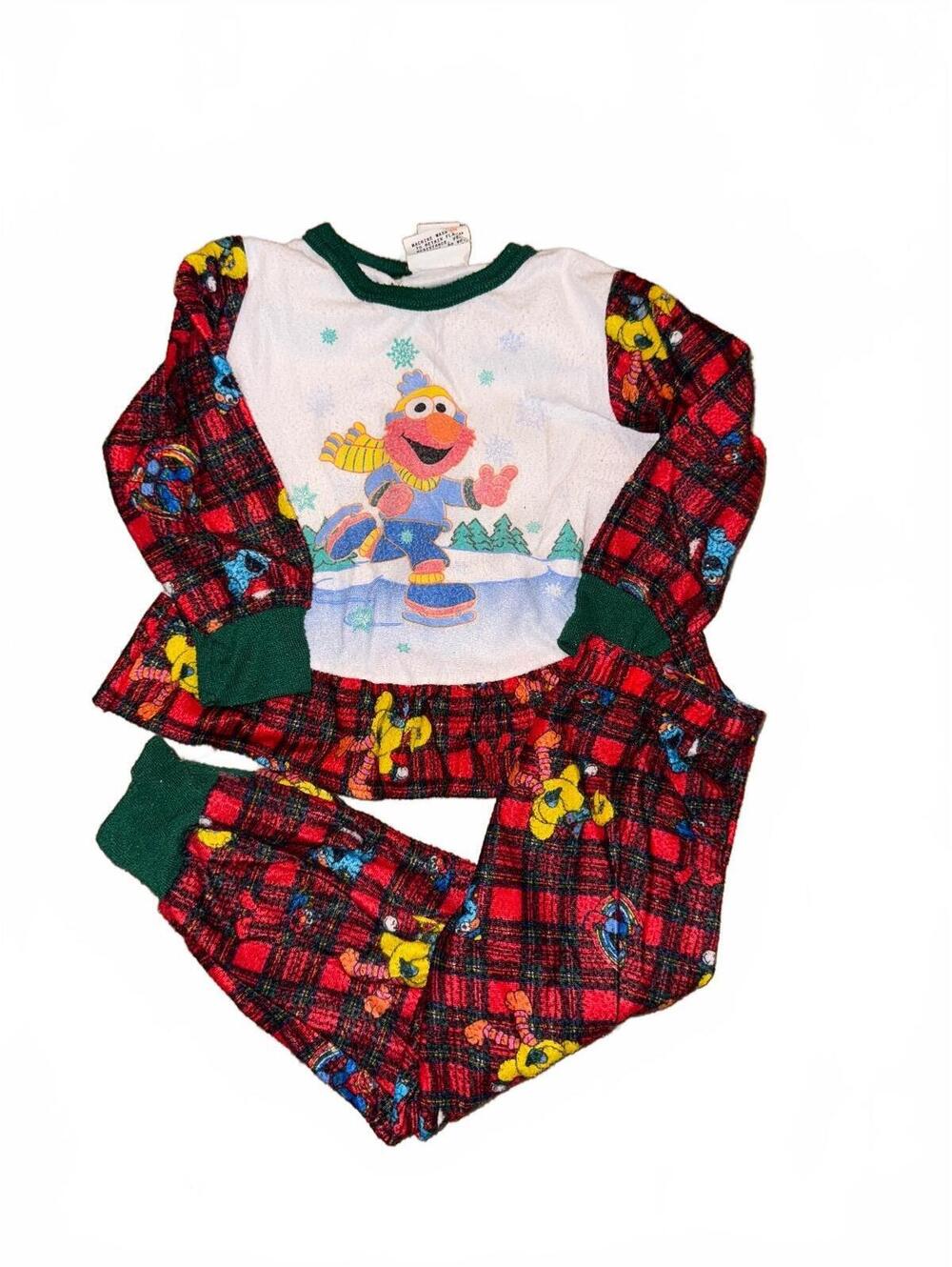 Vintage Sesame Street Elmo Winter Pajama Set 3T Red Plaid Wormser